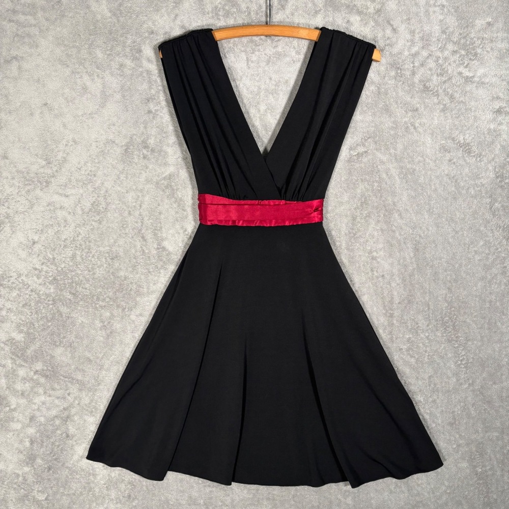 Rampage‎ Black Fit & Flare Dress Red Satin Sash V-Neck Sleeveless S Whimsigoth
